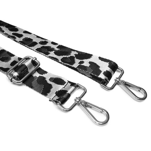 Leopárd mintás táskapánt, fekete-fehér, 40 mm, ezüst
