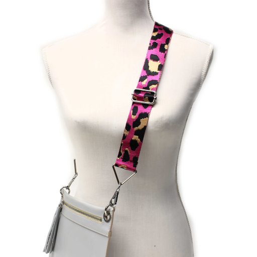 ÚJ DESIGN! Leopárd mintás táskapánt, pink, 40 mm, ezüst