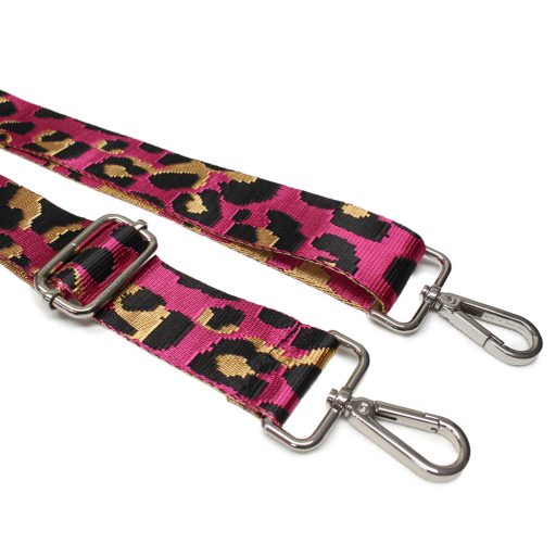 Leopárd mintás táskapánt, pink, 40 mm, ezüst