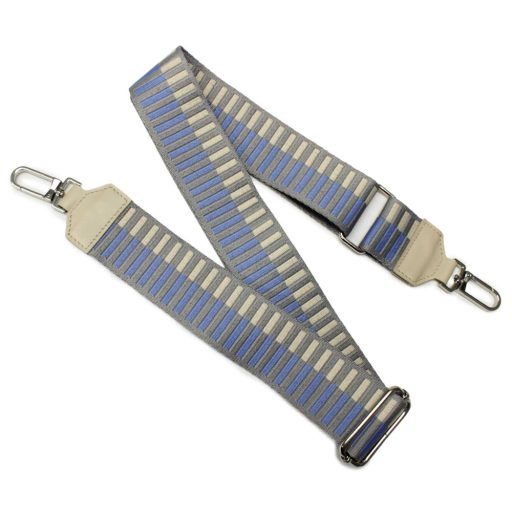 Szürke-kék csíkos táska pánt bőrrel, 5 cm széles