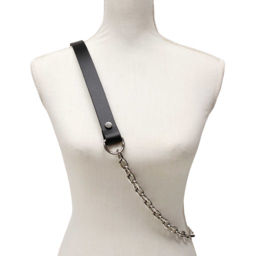 Fekete bőr táskapánt lánccal, nikkel