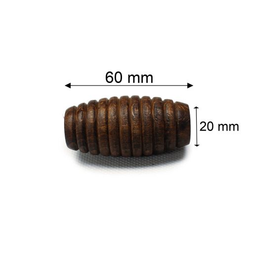 Hosszúkás, Bordázott Fa Gyöngy 6 cm- Barna