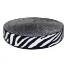 Zebra mintás fekete színű szatén heveder, 40 mm