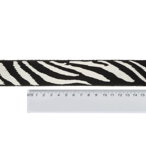 Zebra mintás fekete színű szatén heveder, 40 mm